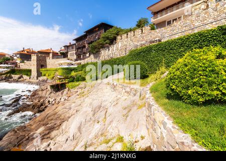 sozopol, bulgaria - AUG 09, 2015: embankment of old town on the seaside. popular travel destination. wonderful summer vacations Stock Photo