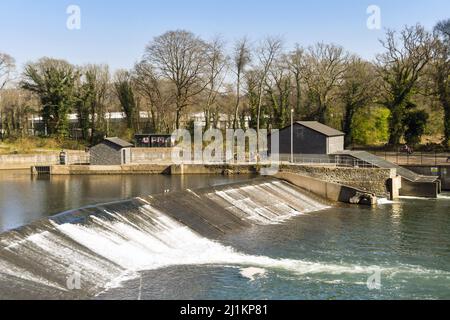 Radyr, near Cardiff, Wales - March 2022: Hydroelectric plant and weir on the River Taff on the outskirts of Cardiff Stock Photo