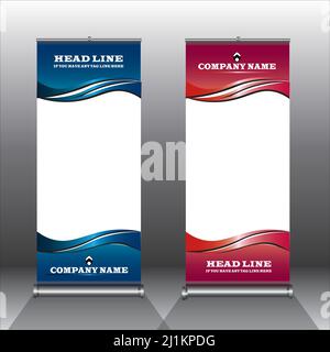 These blue and red roll up banners can be used for any of your promotional activities. CMYK colours are used, Designed to world standard sizes. Stock Vector