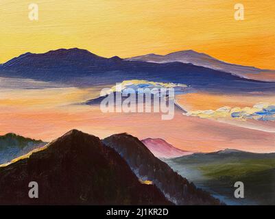 Oil painting on canvas, sunset in the mountains Stock Photo