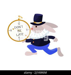 Rabbit from Alice in Wonderland running with clocks. Isolated vector illustration. Stock Vector