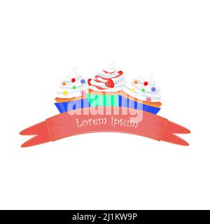Tree cupcakes embraced with pink ribbon and text. Logo concept. Alice in Wonderland inspired vector isolated. Stock Vector