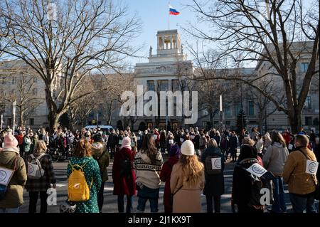 12.03.2022, Berlin, Germany, Europe - Rally during walking meditation for peace as protest against the war in Ukraine in front of the Russian Embassy. Stock Photo