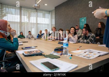 March 26, 2022: Ukraine Solidarity Association has started to offer free Turkish courses for Ukrainian refugees coming to Turkey in its office in Istanbul, Turkey on March 26,3022. Tetiana Fetsan, a lecturer at the Department of Slavic Languages and Literatures at the Faculty of Literature at Istanbul University and also the president of the association, said that the Turkish course will continue in the coming weeks. (Credit Image: © Tolga Ildun/ZUMA Press Wire) Stock Photo