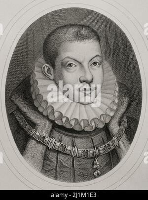 Philip III (1578-1621). King of Spain (1598-1621) and also, as Philip II, King of Portugal, Naples, Sicily and Sardinia. Portrait. Engraving by Masson. Lithographed by Magín Pujadas. Historia General de España, by Modesto Lafuente. Volume III. Published in Barcelona, 1879. Stock Photo