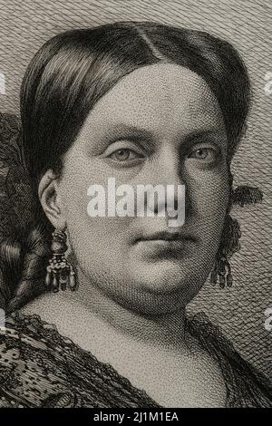 Isabella II (1830-1904). Queen of Spain from 1833 to 1868. Portrait. Engraving. Detail. Historia General de España, by Modesto Lafuente. Volume VI. Published in Barcelona, 1882. Stock Photo
