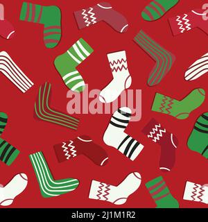 Seamless pattern with modern colorful socks. Trendy accessories in doodle style. Various cotton foot cloth. Cartoon socks for web and print, for Stock Vector