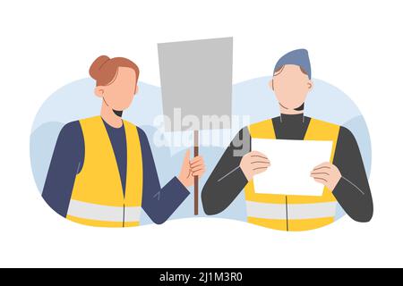 Volunteers welcome refugees, people volunteering meeting refugees standing, holding banners and signs, wearing yellow vests, humanitarian aid concept Stock Vector
