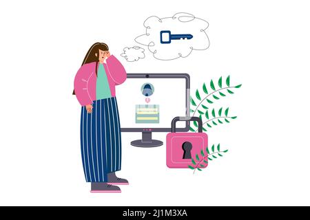 Confused brown-haired woman forgot password. Desktop computer screen. Vector illustration for web page. Modern flat style. Doodle. Stock Vector