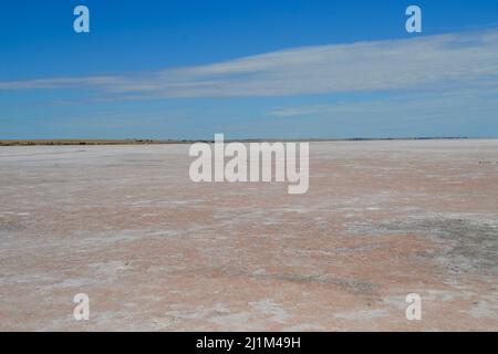 Amazing pink salt crust on Lake Tyrrell in Australia is near outback town of Sea Lake in Victoria and rarely has water, shown on a hot summer day Stock Photo