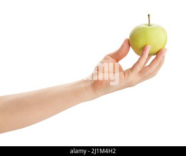 white apple in hand path isolated on white Stock Photo