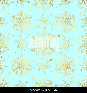 Christmas gold snowflake seamless pattern. Golden snowflakes on blue background. Winter snow texture wallpaper. Symbol holiday, New Year celebration V Stock Vector