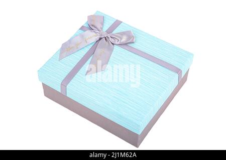 grey-blue gift box with a bow on a white background Stock Photo