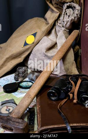 Still life with tools of a field geologist - field vintage geology concept Stock Photo