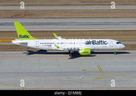 Air Baltic Airbus A220 aircraft departing Zurich. Airplane formerly know as Bombardier CSeries 300 of AirBaltic taking off to Riga, Lativa. Stock Photo