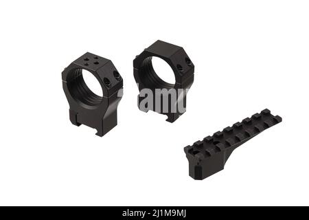 Quick disconnect mount made for holding a scope on a rifle isolated on white background. Quick Release Sniper Cantilever Scope Mount. Stock Photo