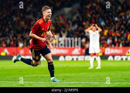 Barcelona, Spain. 26th Mar, 2022. Dani Olmo (Spain) celebrates after scoring during football match between Spain and Albania, at Cornella-El Prat Stadium on March 26, 2022 in Barcelona, Spain. Foto: Siu Wu. Credit: dpa/Alamy Live News Stock Photo