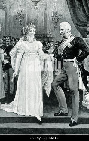 The 1906 caption reads: “Queen Louise and Blucher. This is a striking picture of the celebrated Prussian Queen in the happy time that preceded her misfortunes, She is surrounded by her gay court, and is receiving the gallant homage of the grim and aged but still courtly old warrior, General Blucher, who in after-years so well avenged her wrongs.” Duchess Louise of Mecklenburg-Strelitz (died1810)  was Queen of Prussia and the wife of King Frederick William III. The couple's happy, though short-lived, marriage produced nine children, including the future monarchs Frederick William IV of Prussia