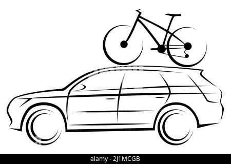 Vector illustration of a SUV or station wagon car with a mountain bike on a roof for sport and adventures Stock Photo