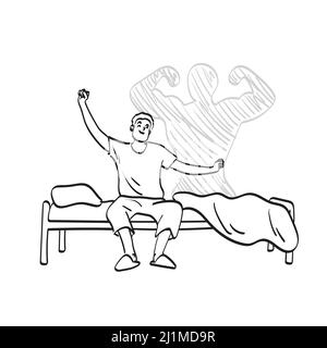 line art man waking up from sleep and stretching seated on his bed with shadow of muscle man behind illustration vector hand drawn isolated on white b Stock Vector