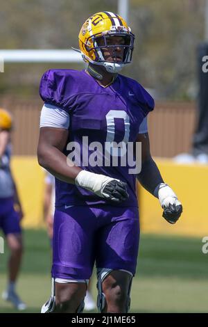 Baton Rouge, LA, USA. 26th Mar, 2022. LSU defensive lineman Maason Smith (0) gets ready for the next play during the first week of spring football practice at the LSU Charles McClendon Practice Facility in Baton Rouge, LA. Jonathan Mailhes/CSM/Alamy Live News Stock Photo