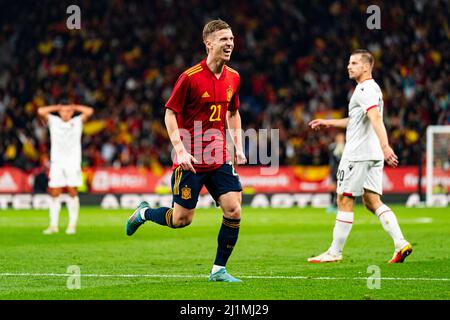 Barcelona, Spain. 26th Mar, 2022. Dani Olmo (Spain) celebrates after scoring during football match between Spain and Albania, at Cornella-El Prat Stadium on March 26, 2022 in Barcelona, Spain. Foto: Siu Wu. Credit: dpa/Alamy Live News Stock Photo