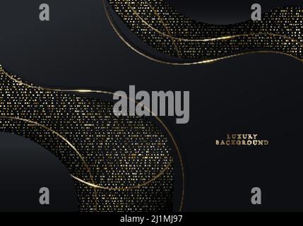 Abstract modern luxury black gold wave lines threads with lighting effect and golden glitter on black background. Vector graphic illustration Stock Vector