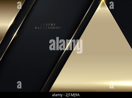 Abstract 3D modern luxury banner template design black and golden triangle stripes lines with light sparking on dark background. Vector graphic illust Stock Vector