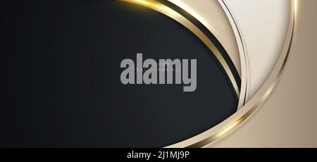Elegant 3D abstract background golden curved shape with gold lines on black background. Luxury style. Vector illustration Stock Vector