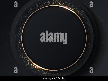 Abstract elegant 3D black circles layer with golden ring and lighting effect on dark background luxury style. Vector illustration Stock Vector
