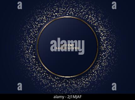 Abstract modern luxury dark blue circle shape and golden ring with gold glitter on dark background. Vector graphic illustration Stock Vector