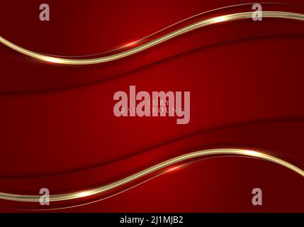 3D modern luxury template design red and gold wave stripes with golden glitter line light sparking on red background. Vector graphic illustration Stock Vector