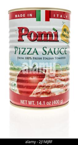 Winneconne, WI -24 March 2021: A can of Pomi pizza sauce on an isolated background Stock Photo