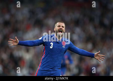 Luke Shaw of England celebrates after he scores his teams 1st goal. England v Switzerland, International football friendly designated Alzheimer's Society International match at Wembley Stadium in London on Saturday 26th March 2022. Editorial use only. pic by Andrew Orchard/Andrew Orchard sports photography/Alamy Live News Stock Photo