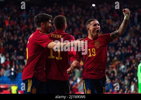 Barcelona, Spain. 26th Mar, 2022. Players of Spain celebrate a goal during a international friendly match between Spain and Albania in Barcelona, Spain, March 26, 2022. Credit: Joan Gosa/Xinhua/Alamy Live News Stock Photo