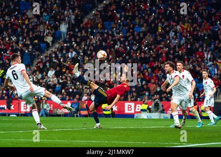 Barcelona, Spain. 26th Mar, 2022. Pablo Sarabia (C) of Spain shoots the ball during a international friendly match between Spain and Albania in Barcelona, Spain, March 26, 2022. Credit: Joan Gosa/Xinhua/Alamy Live News Stock Photo