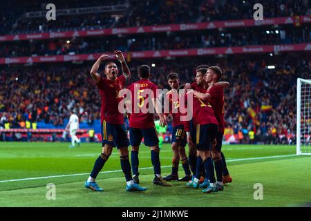 Barcelona, Spain. 26th Mar, 2022. Players of Spain celebrate a goal during a international friendly match between Spain and Albania in Barcelona, Spain, March 26, 2022. Credit: Joan Gosa/Xinhua/Alamy Live News Stock Photo