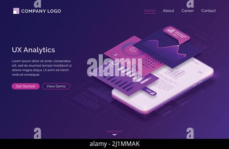 Ui ux analytics isometric landing page, mobile phone dashboard graphs and data analysis layout charts. Mobile app user experience interface developmen Stock Vector