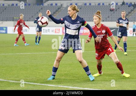 Nov 26, 2019-Yongin, South Korea-Natasha Dowie of Melbourne Victory and Lee Young Ju of Incheon Hyundai Steel Red Angels action during during an Women's Club Championship 2019-FIFA/AFC Pilot Tournamant Melbourne Victory V Incheon Hyundai Steel Red Angels at Yongin Citizens Sports Park in Yongin, South Korea.Match Won Incheon Hyundai Steel Red Angels, Score by 4-0. Stock Photo