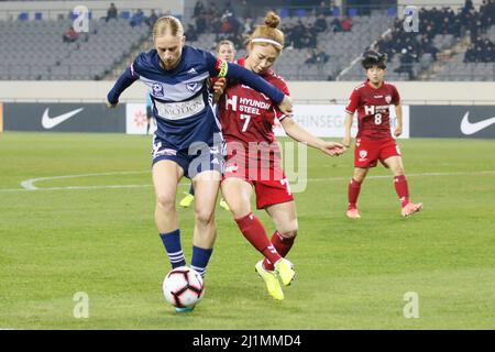 Nov 26, 2019-Yongin, South Korea-Natasha Dowie of Melbourne Victory and Lee Young Ju of Incheon Hyundai Steel Red Angels action during during an Women's Club Championship 2019-FIFA/AFC Pilot Tournamant Melbourne Victory V Incheon Hyundai Steel Red Angels at Yongin Citizens Sports Park in Yongin, South Korea.Match Won Incheon Hyundai Steel Red Angels, Score by 4-0. Stock Photo