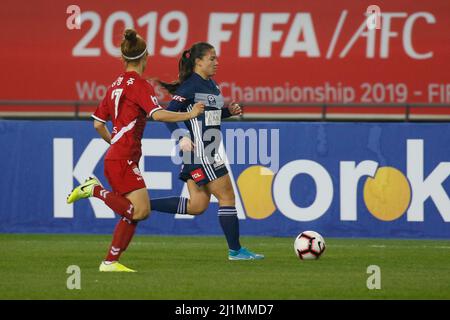 Nov 26, 2019-Yongin, South Korea-Angela Beard of Melbourne Victory and Lee Young Ju of Incheon Hyundai Steel Red Angels action during during an Women's Club Championship 2019-FIFA/AFC Pilot Tournamant Melbourne Victory V Incheon Hyundai Steel Red Angels at Yongin Citizens Sports Park in Yongin, South Korea.Match Won Incheon Hyundai Steel Red Angels, Score by 4-0. Stock Photo