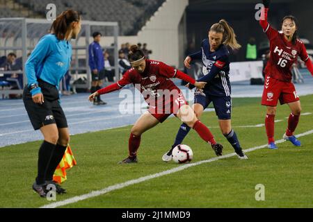 Nov 26, 2019-Yongin, South Korea-Natasha Dowie of Melbourne Victory and Kim Dambi of Incheon Hyundai Steel Red Angels action during during an Women's Club Championship 2019-FIFA/AFC Pilot Tournamant Melbourne Victory V Incheon Hyundai Steel Red Angels at Yongin Citizens Sports Park in Yongin, South Korea.Match Won Incheon Hyundai Steel Red Angels, Score by 4-0. Stock Photo