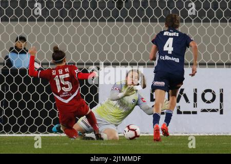 Nov 26, 2019-Yongin, South Korea-Casey Dumont of Melbourne Victory and Kim Dambi of Incheon Hyundai Steel Red Angels action during during an Women's Club Championship 2019-FIFA/AFC Pilot Tournamant Melbourne Victory V Incheon Hyundai Steel Red Angels at Yongin Citizens Sports Park in Yongin, South Korea.Match Won Incheon Hyundai Steel Red Angels, Score by 4-0. Stock Photo