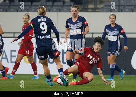 Nov 26, 2019-Yongin, South Korea-Natasha Dowie of Melbourne Victory and Lee Sodam of Incheon Hyundai Steel Red Angels action during during an Women's Club Championship 2019-FIFA/AFC Pilot Tournamant Melbourne Victory V Incheon Hyundai Steel Red Angels at Yongin Citizens Sports Park in Yongin, South Korea.Match Won Incheon Hyundai Steel Red Angels, Score by 4-0. Stock Photo