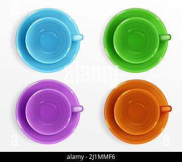 Empty cups for coffee and tea top view. Vector realistic set of color ceramic mugs with saucer, porcelain dishware, cups and plates isolated on white Stock Vector
