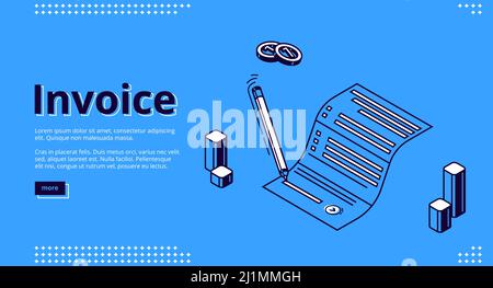 Invoice isometric landing page. Pen signing paper bill for tax or service payment on blue background. Shopping, banking, accounting paycheck, fee docu Stock Vector