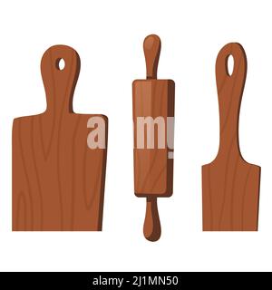 Wooden kitchen tools for cooking food isolated on white background. Vectro cartoon set of culinary spatula, rolling pin and cutting board. Kitchenware Stock Vector