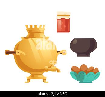 Samovar, jam in glass jar, pot and cakes. Vector cartoon traditional russian utencil and food for teatime isolated on white background. Vintage golden Stock Vector