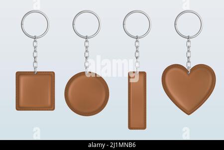 Leather keychain, holder trinket for key with metal chain and ring. Vector realistic template of brown fob for car, home or office isolated on white b Stock Vector