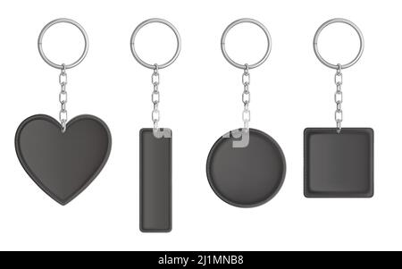 Leather keychain, holder trinket for key with metal chain and ring. Vector realistic template of black fob for car, home or office isolated on white b Stock Vector